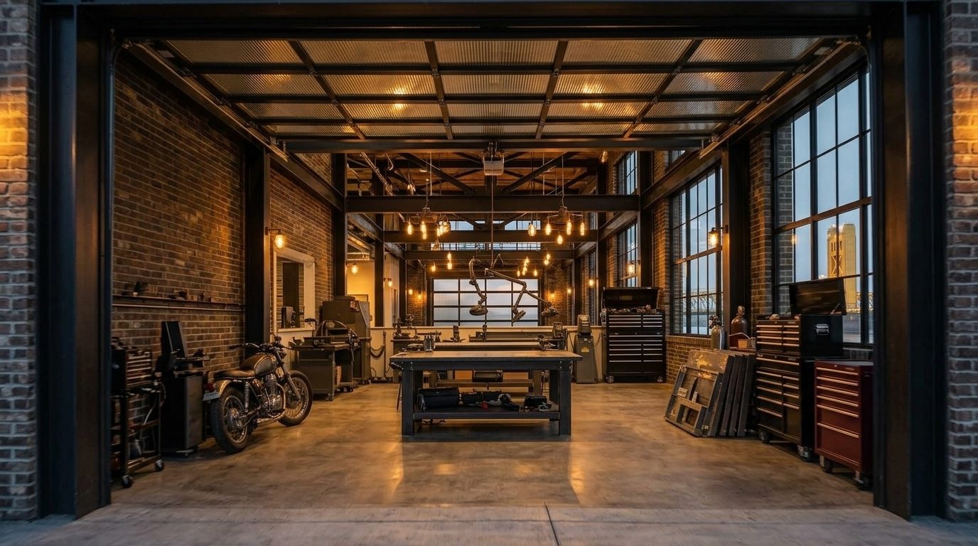Cole Morrison Garage Door Services Interior View of Custom Garage Door Overhead and Workshop